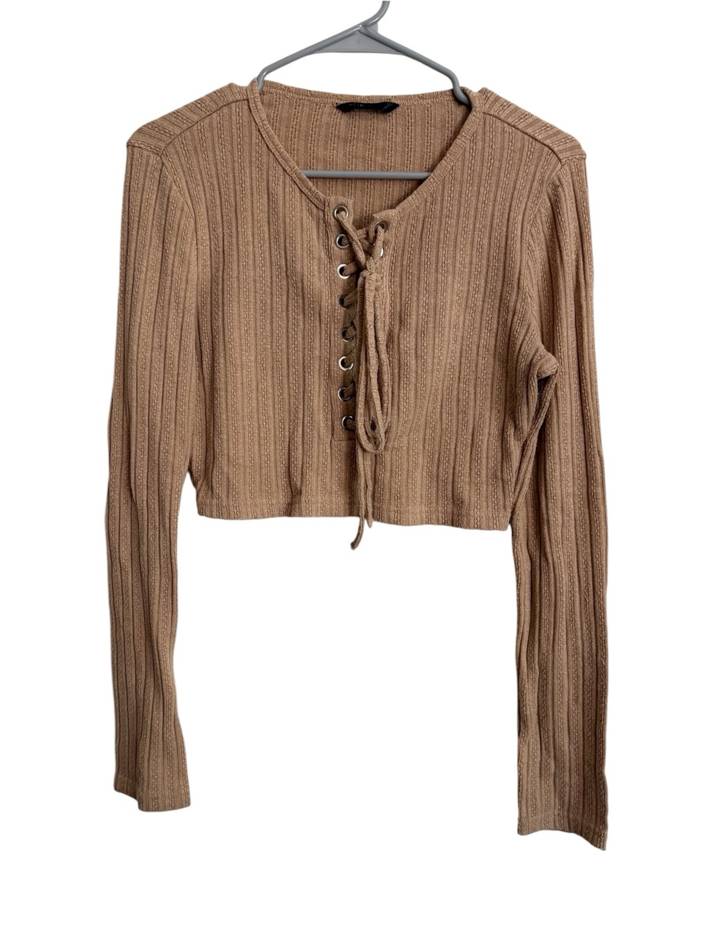 SHEIN Ribbed Lace-Up Long Sleeve Crop Top Size Large